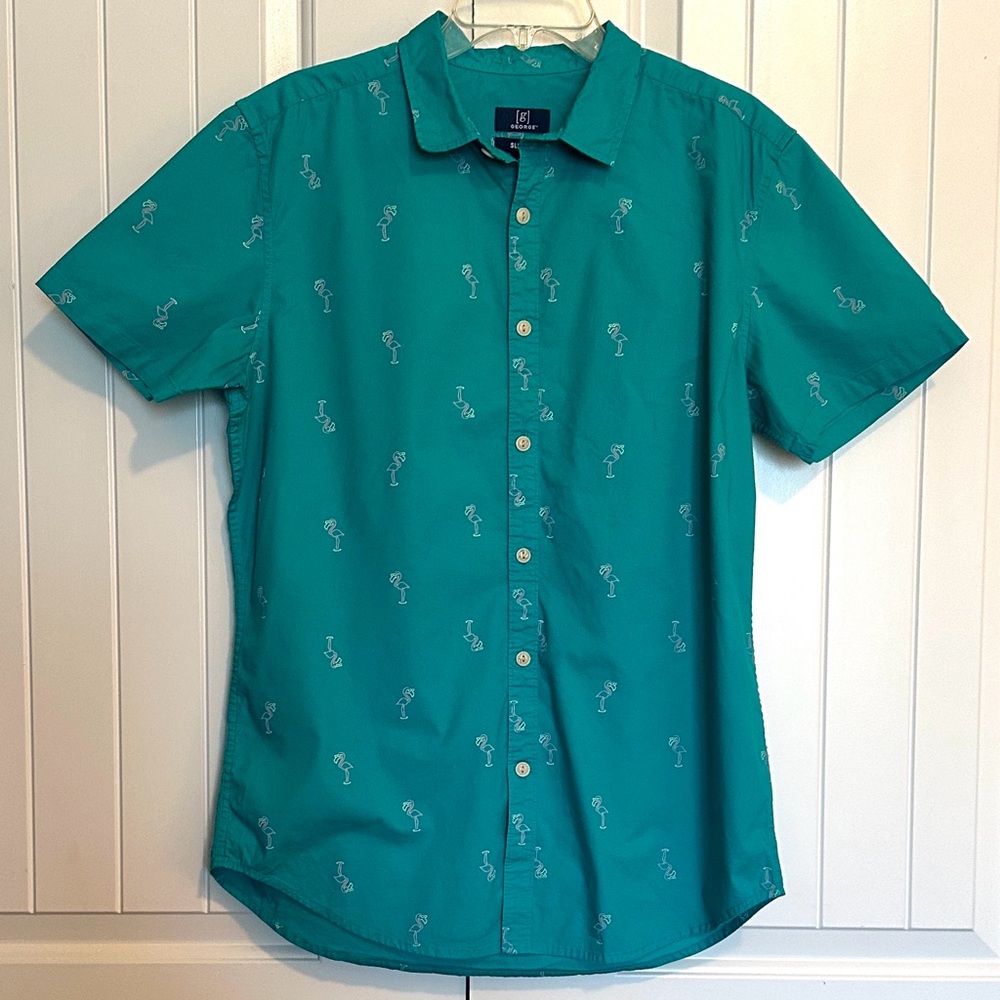 Teal Short Sleeve Neon Flamingo Men's Shirt